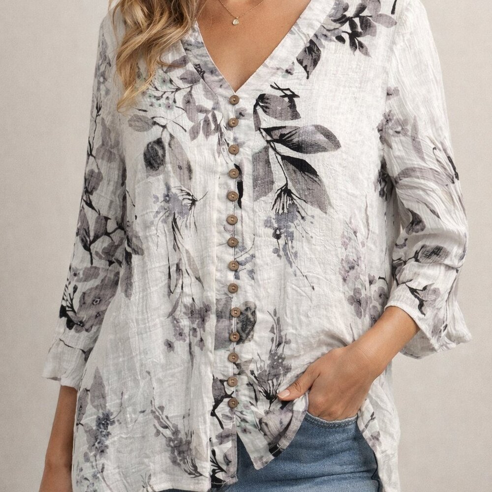 Papillon Floral Gauze Blouse Medium Boho Button Front Lightweight Tunic Top